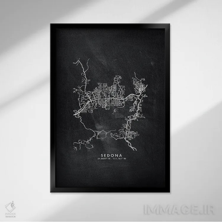 تابلو دکوراتیو Arizona City Map Chalkboard Style,نقشه شهر سدونا آریزونا… اثر وال دکور ادیکت - نمای قابدار مشکی