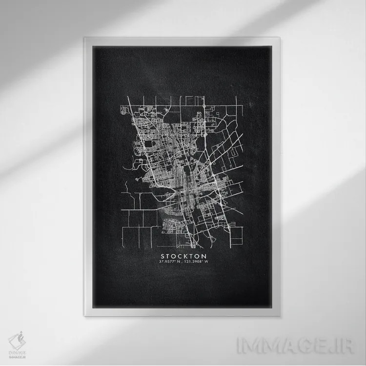 تابلو دکوراتیو California City Map Chalkboard Style,نقشه شهر استاکتون ک… اثر وال دکور ادیکت - نمای قابدار سفید