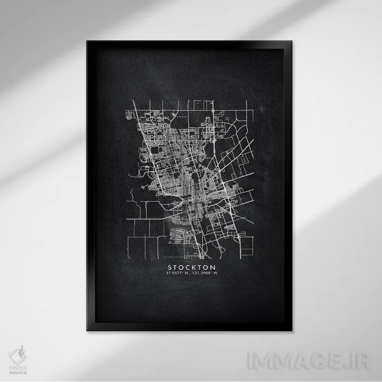 تابلو دکوراتیو California City Map Chalkboard Style,نقشه شهر استاکتون ک… اثر وال دکور ادیکت - نمای قابدار مشکی