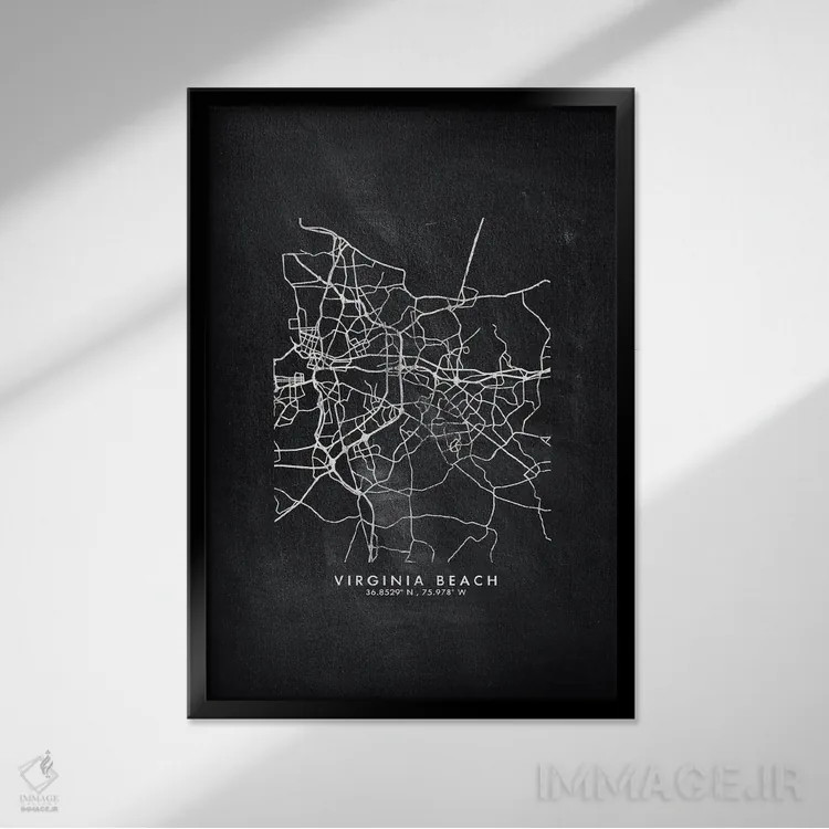 تابلو دکوراتیو نقشه شهر ویرجینیا بیچ به سبک تخته سیاه اثر وال دکور ادیکت - نمای قابدار مشکی