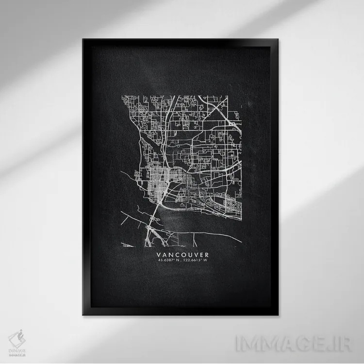 تابلو دکوراتیو نقشه شهر ونکوور به سبک تخته سیاه اثر وال دکور ادیکت - نمای قابدار مشکی