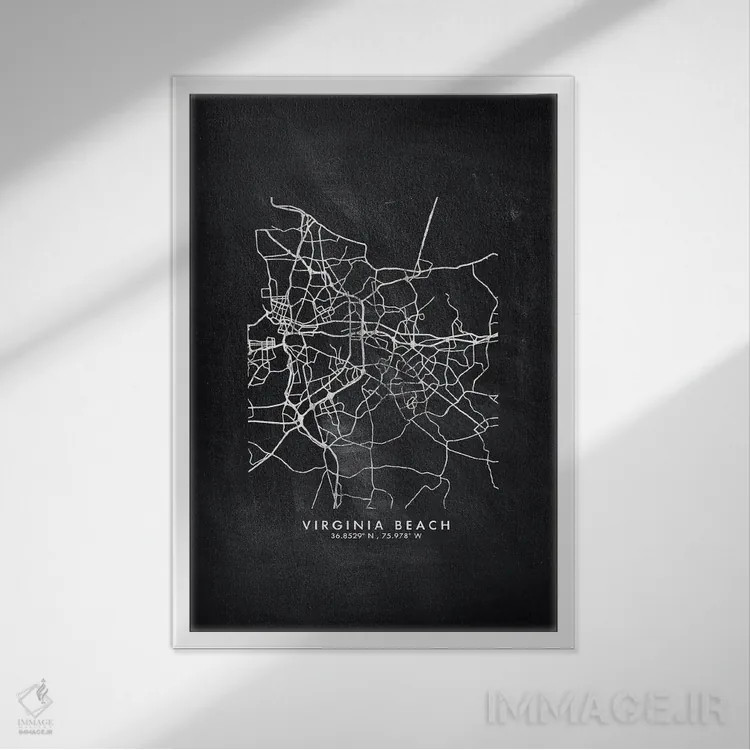 تابلو دکوراتیو نقشه شهر ویرجینیا بیچ به سبک تخته سیاه اثر وال دکور ادیکت - نمای قابدار سفید