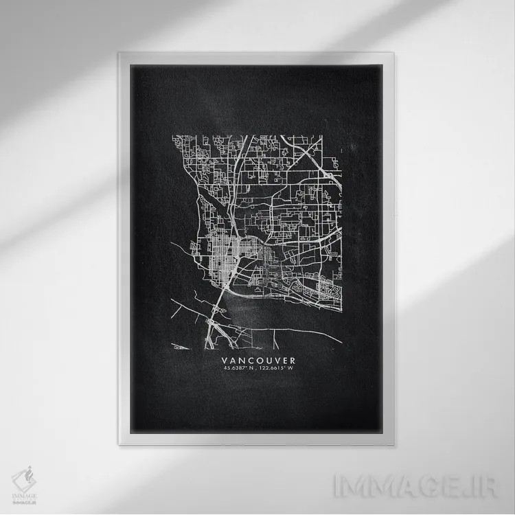 تابلو دکوراتیو نقشه شهر ونکوور به سبک تخته سیاه اثر وال دکور ادیکت - نمای قابدار سفید