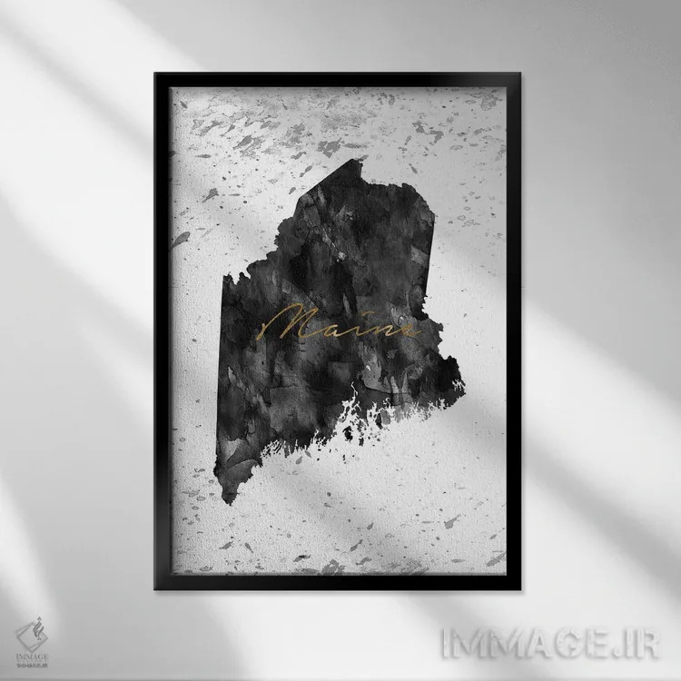 تابلو دکوراتیو ایالت مین سیاه و سفید با طلایی اثر وال دکور ادیکت - نمای قابدار مشکی