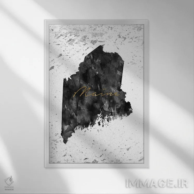 تابلو دکوراتیو ایالت مین سیاه و سفید با طلایی اثر وال دکور ادیکت - نمای قابدار سفید