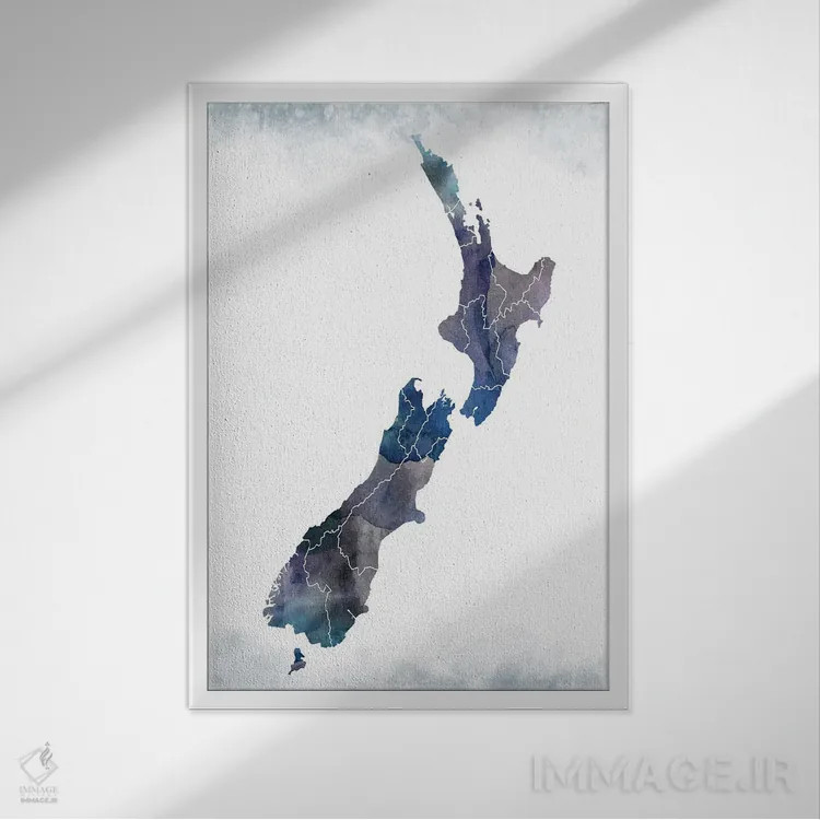 تابلو دکوراتیو نقشه متمایل به آبی نیوزیلند اثر وال دکور ادیکت - نمای قابدار سفید