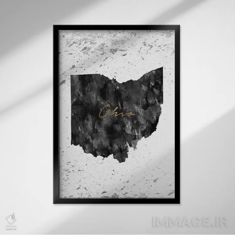 تابلو دکوراتیو اوهایو سیاه و سفید با جزئیات طلایی اثر وال دکور ادیکت - نمای قابدار مشکی