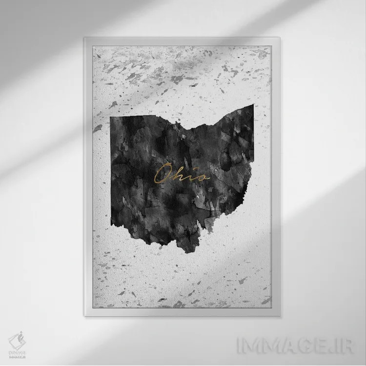 تابلو دکوراتیو اوهایو سیاه و سفید با جزئیات طلایی اثر وال دکور ادیکت - نمای قابدار سفید