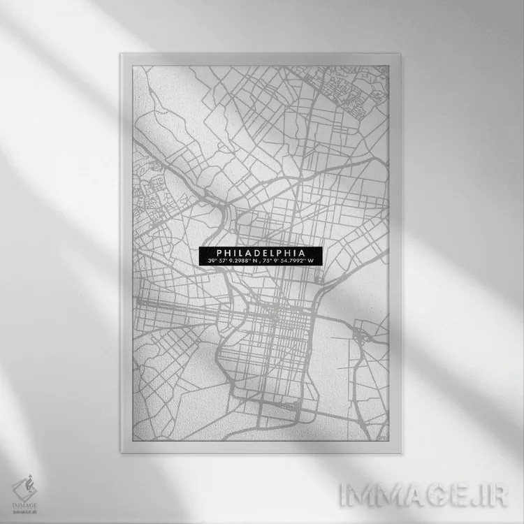 تابلو دکوراتیو نقشه ساده شهر فیلادلفیا اثر وال دکور ادیکت - نمای قابدار سفید