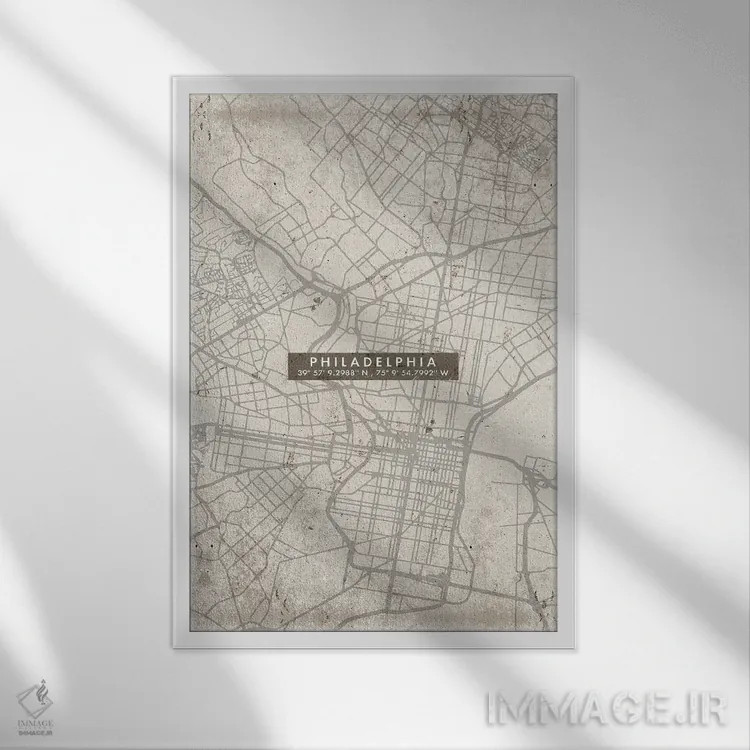 تابلو دکوراتیو نقشه شهر فیلادلفیا انتزاعی اثر وال دکور ادیکت - نمای قابدار سفید