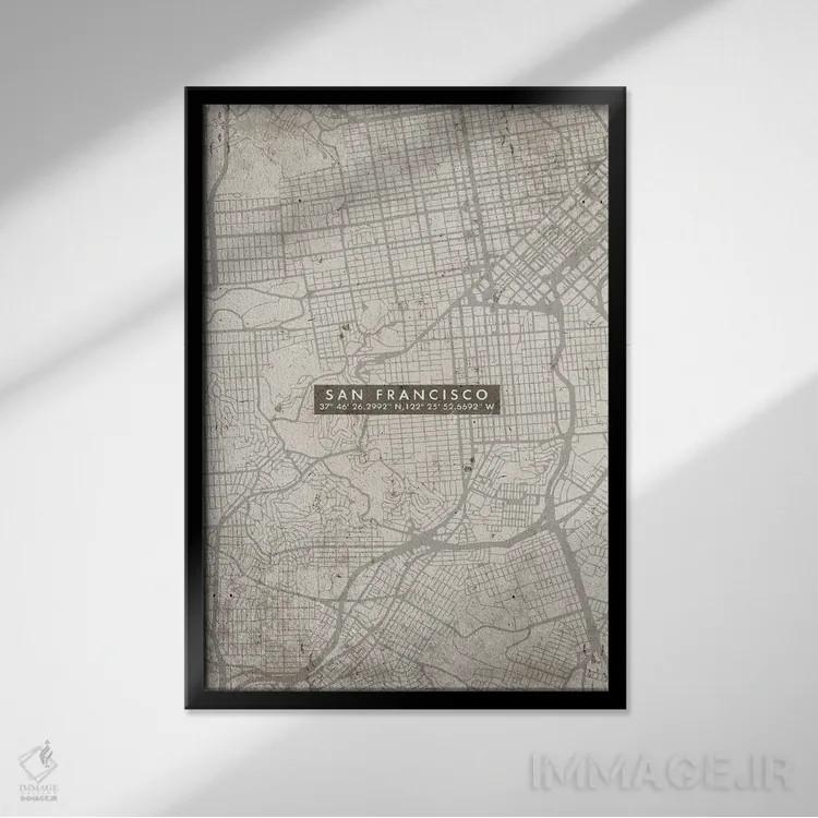 تابلو دکوراتیو نقشه شهر سان فرانسیسکو انتزاعی اثر وال دکور ادیکت - نمای قابدار مشکی