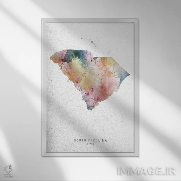تابلو دکوراتیو نقشه ایالت کارولینای جنوبی با آبرنگ اثر وال دکور ادیکت - نمای قابدار سفید
