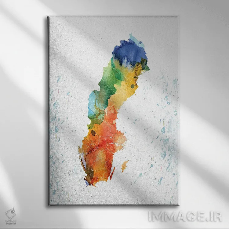 تابلو دکوراتیو نقشه رنگی سوئد اثر وال دکور ادیکت - نمای روبهرو روی دیوار