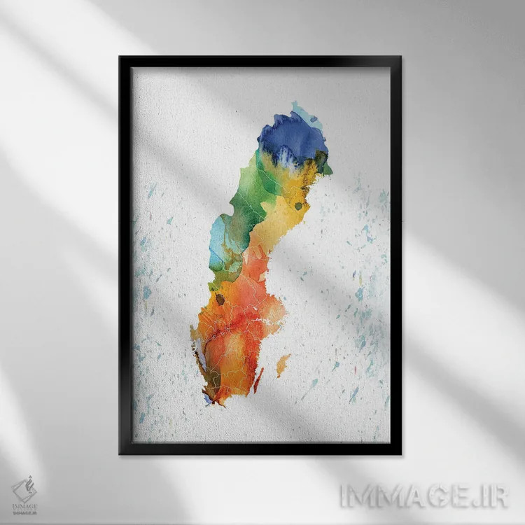 تابلو دکوراتیو نقشه رنگی سوئد اثر وال دکور ادیکت - نمای قابدار مشکی