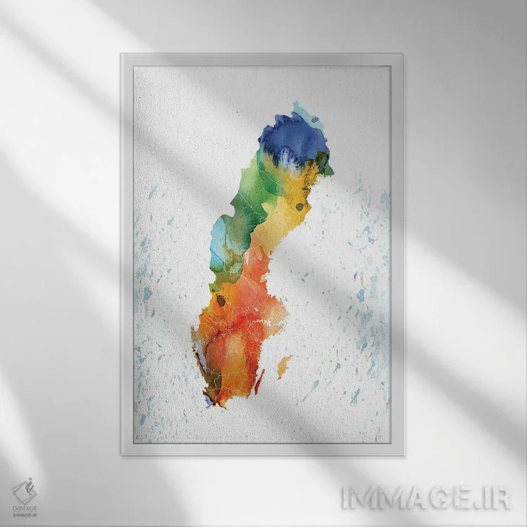 تابلو دکوراتیو نقشه رنگی سوئد اثر وال دکور ادیکت - نمای قابدار سفید