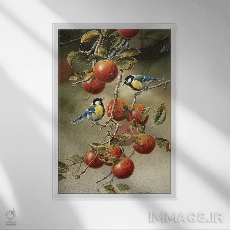 تابلو دکوراتیو دو پرنده در درخت سیب اثر یان وینیک - نمای قابدار سفید