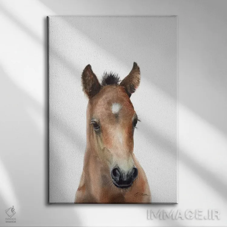 تابلو دکوراتیو کره اسب اصیل عرب قهوه ای اثر واترکالر لاو - نمای روبهرو روی دیوار