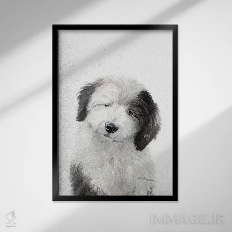 تابلو دکوراتیو توله سگ گله انگلیسی اثر واترکالر لاو - نمای قابدار مشکی