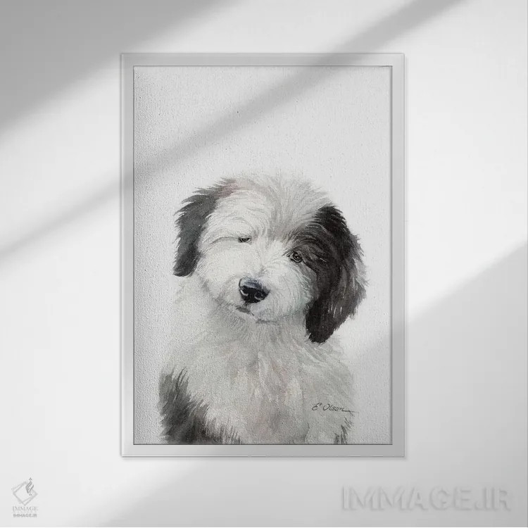 تابلو دکوراتیو توله سگ گله انگلیسی اثر واترکالر لاو - نمای قابدار سفید