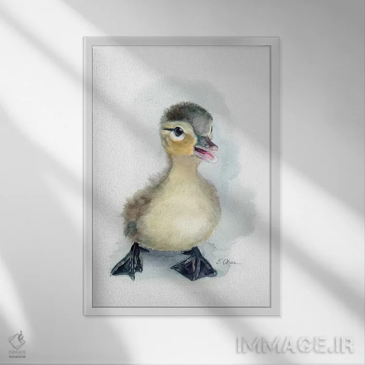 تابلو دکوراتیو جوجه اردک بچه اثر واترکالر لاو - نمای قابدار سفید