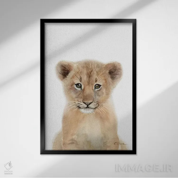 تابلو دکوراتیو شیر بچه اثر واترکالر لاو - نمای قابدار مشکی