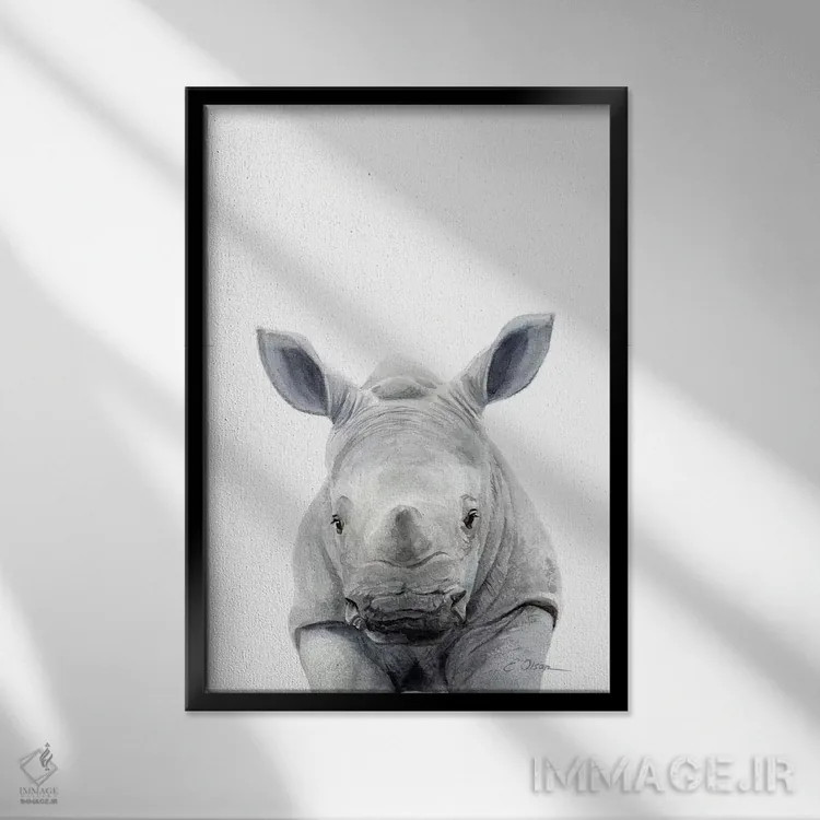 تابلو دکوراتیو کرگدن بچه اثر واترکالر لاو - نمای قابدار مشکی