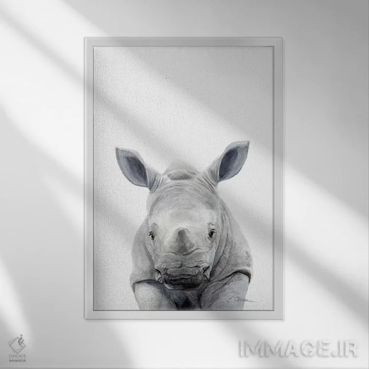 تابلو دکوراتیو کرگدن بچه اثر واترکالر لاو - نمای قابدار سفید