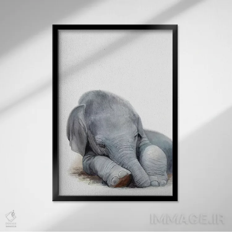 تابلو دکوراتیو فیل بچه در حال خواب اثر واترکالر لاو - نمای قابدار مشکی