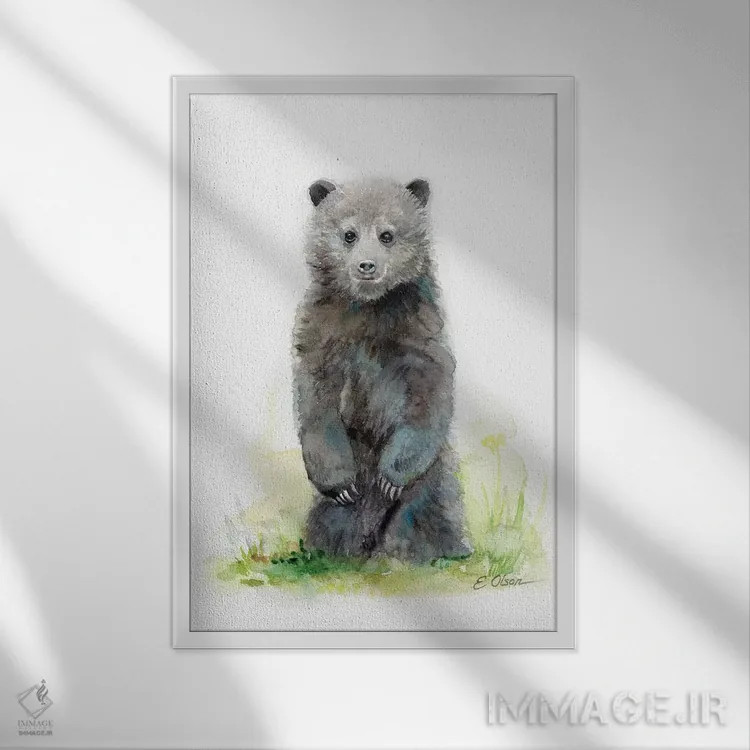 تابلو دکوراتیو توله خرس بچه جنگلی اثر واترکالر لاو - نمای قابدار سفید