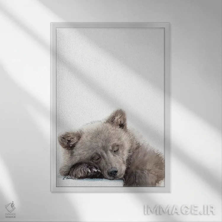 تابلو دکوراتیو توله خرس جنگلی خوابیده اثر واترکالر لاو - نمای قابدار سفید