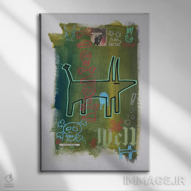 تابلو انتزاعی سگ سبز زیر اثر ول ول - نمای روبهرو روی دیوار
