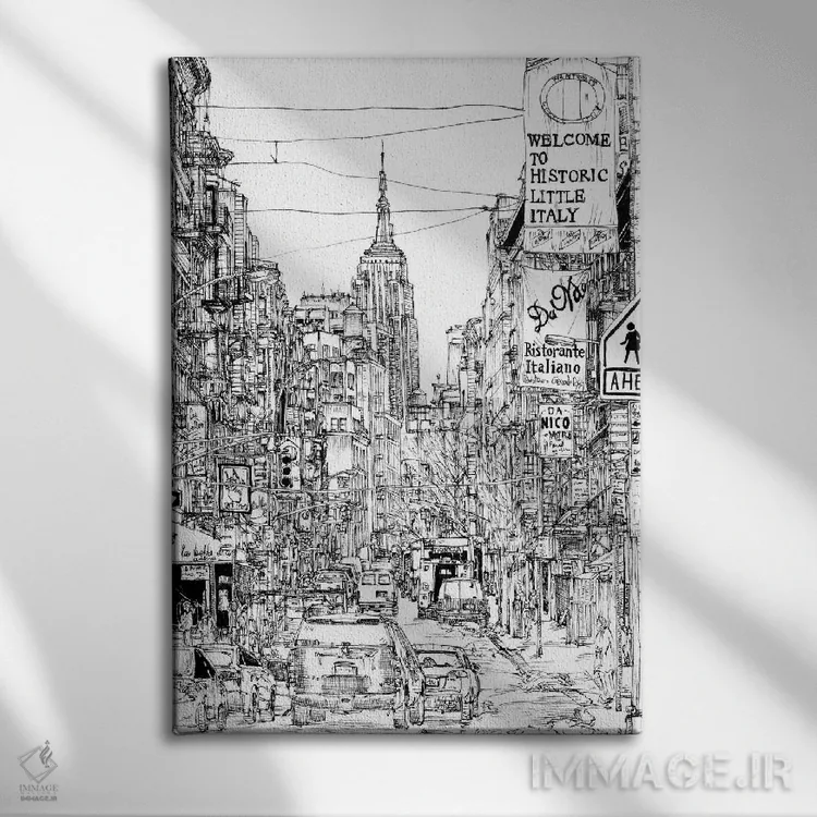 تابلو دکوراتیو صحنه شهری سیاه و سفید II اثر ملیسا وانگ - نمای روبهرو روی دیوار