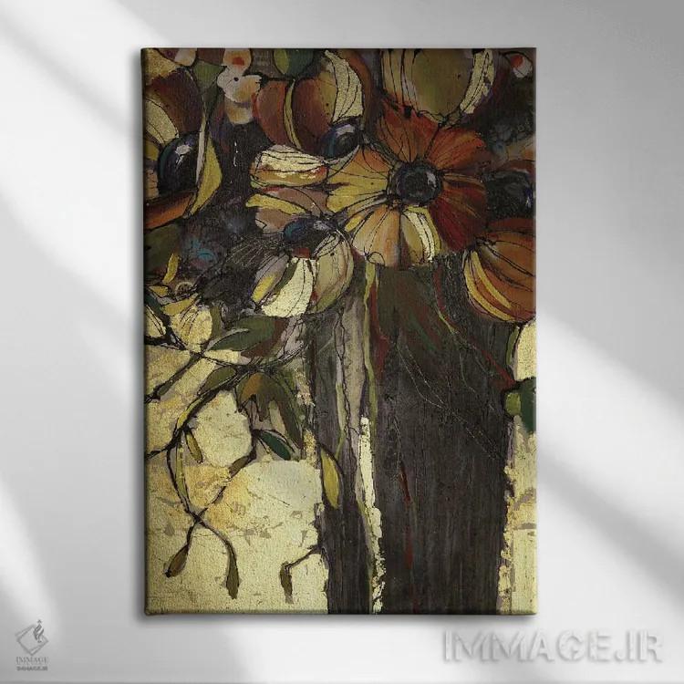تابلو دکوراتیو گل های خشخاش با برگ طلایی اثر وینی ایتون - نمای روبهرو روی دیوار