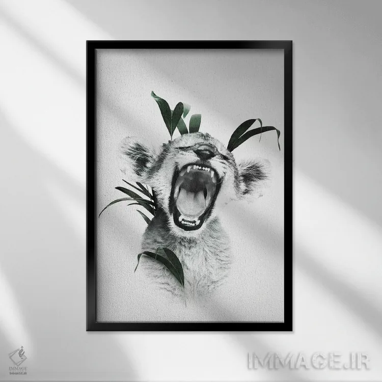 تابلو دکوراتیو توله شیر غران اثر واتر ریکن - نمای قابدار مشکی