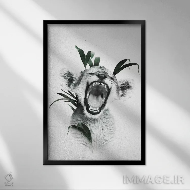 تابلو دکوراتیو توله شیر غران اثر واتر ریکن - نمای قابدار مشکی
