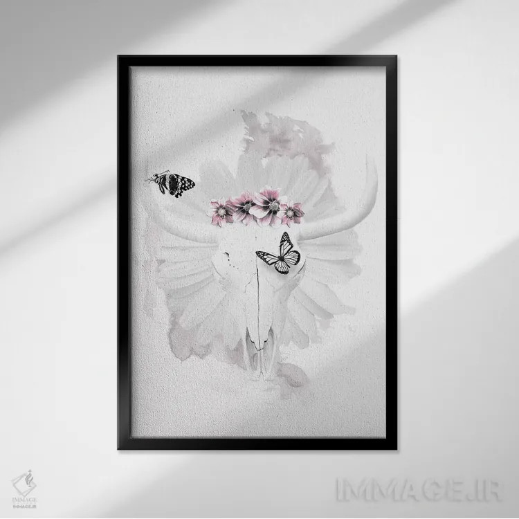 تابلو دکوراتیو جمجمه گاو اثر واتر ریکن - نمای قابدار مشکی