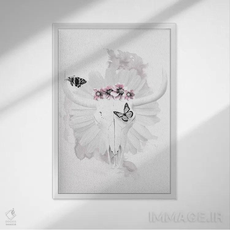 تابلو دکوراتیو جمجمه گاو اثر واتر ریکن - نمای قابدار سفید