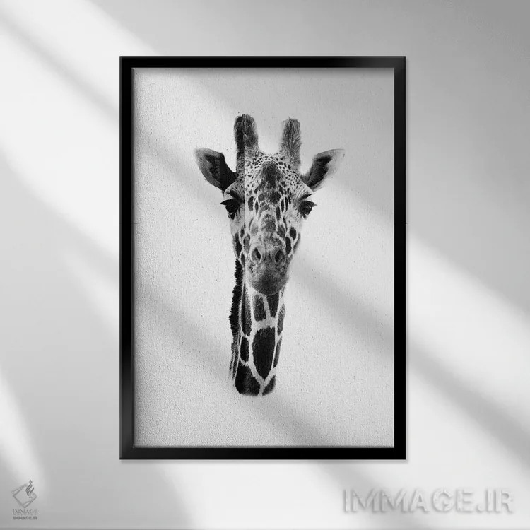 تابلو دکوراتیو زرافه سفید اثر واتر ریکن - نمای قابدار مشکی