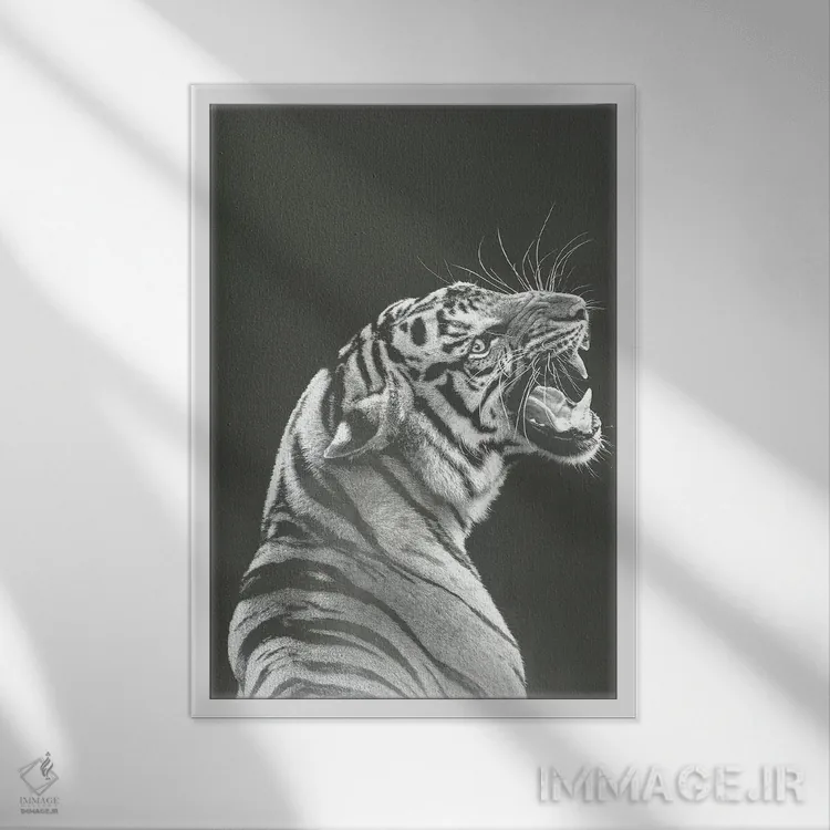 تابلو دکوراتیو ببر خاکستری اثر واتر ریکن - نمای قابدار سفید