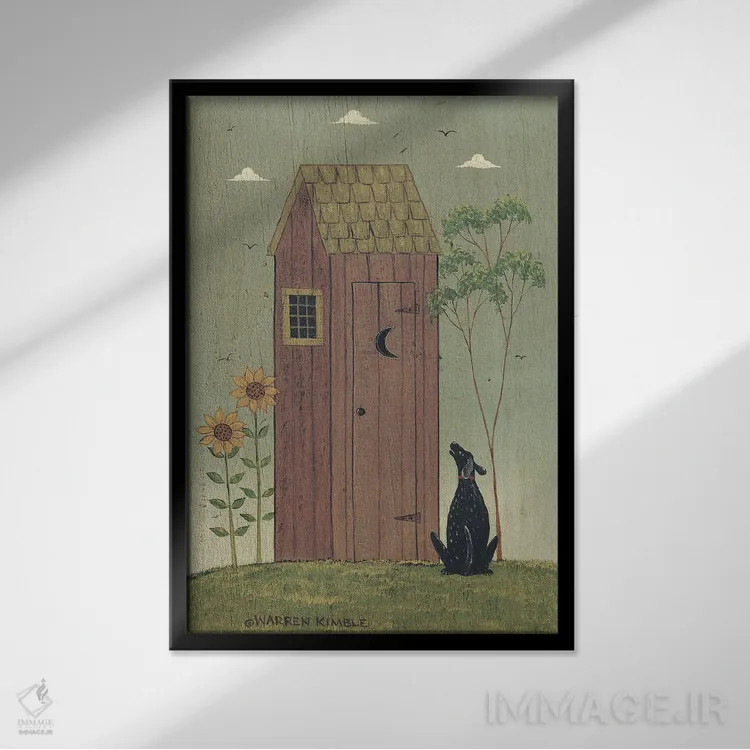 تابلو دکوراتیو دستشویی حیاط با سگ اثر وارن کیمبل - نمای قابدار مشکی
