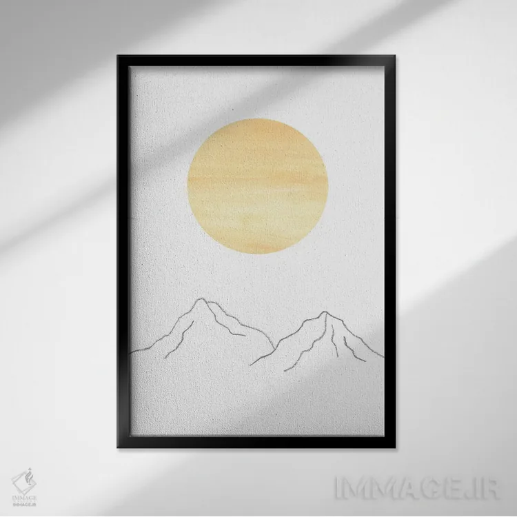 تابلو مینیمال خورشید و کوه ها اثر ویلز وی - نمای قابدار مشکی