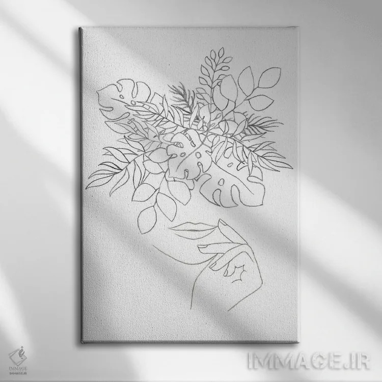 تابلو مینیمال طرح خطی زن و گیاهان اثر ویلز وی - نمای روبهرو روی دیوار