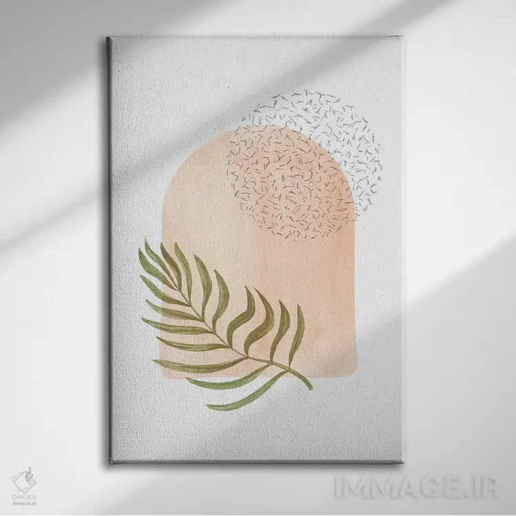 تابلو مینیمال قوس با رنگ هلویی و برگ نخل اثر ویلز وی - نمای روبهرو روی دیوار