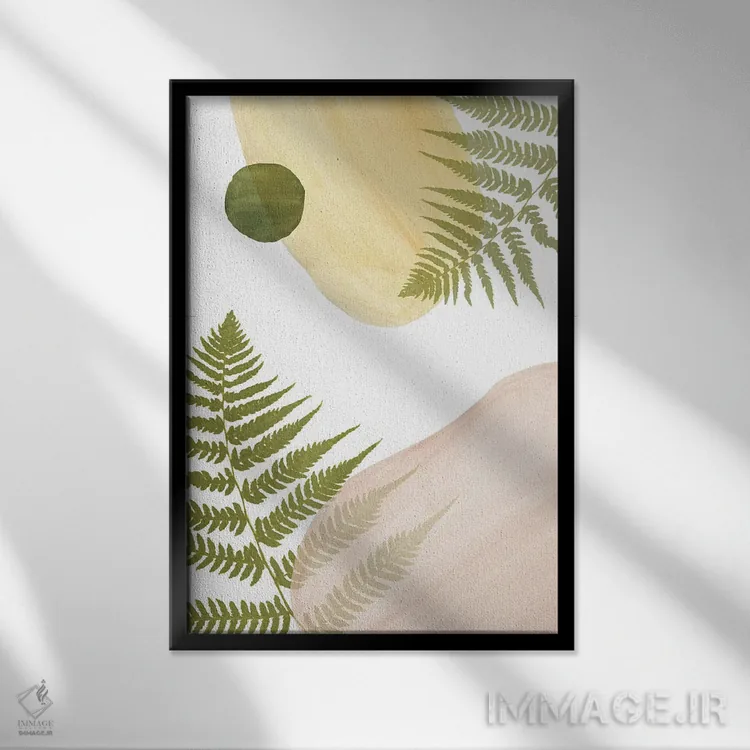 تابلو مینیمال اشکال انتزاعی و سرخس اثر ویلز وی - نمای قابدار مشکی