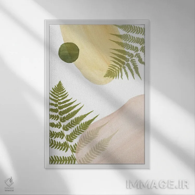 تابلو مینیمال اشکال انتزاعی و سرخس اثر ویلز وی - نمای قابدار سفید