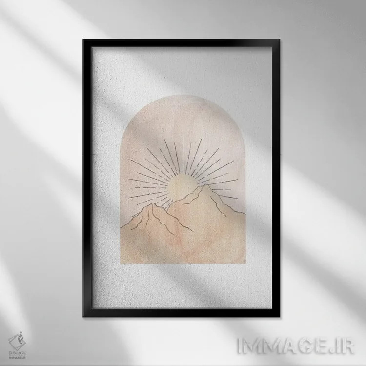 تابلو مینیمال کوه های پاستلی و خورشید اثر ویلز وی - نمای قابدار مشکی