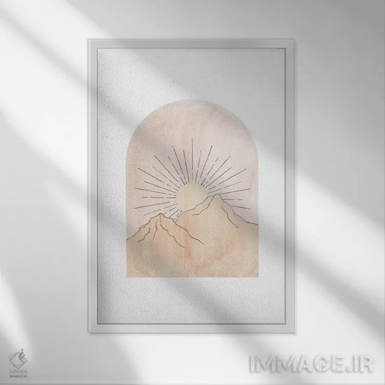 تابلو مینیمال کوه های پاستلی و خورشید اثر ویلز وی - نمای قابدار سفید