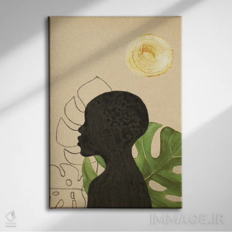تابلو مینیمال زن سیاه پوست و گیاهان گرمسیری اثر ویلز وی - نمای روبهرو روی دیوار