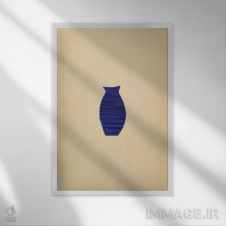 تابلو مینیمال گلدان سفالی سرمه ای تیره اثر ویلز وی - نمای قابدار سفید