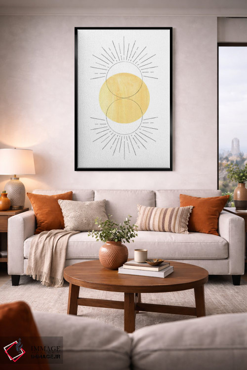 تابلو مینیمال Abstract Art,خورشید زرد خردلی، هنر انتزاعی اثر ویلز وی - D2B